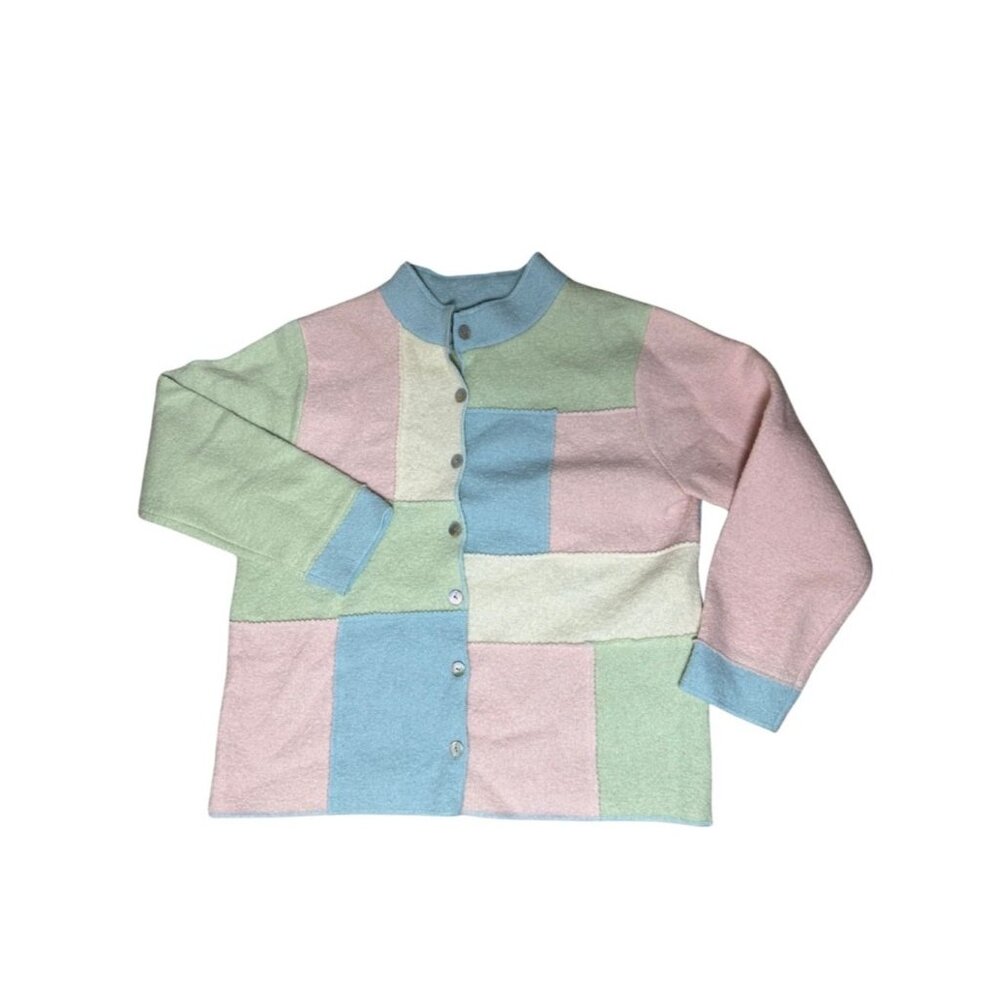 Vintage ColdWater Creek Pastel Patchwork Button-Up Cardigan Sweater Green Pink